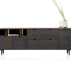 Elements, dressoir 210 cm. - 3-deuren + 2-laden + 3-niches + led incl. metalen poten - Onyx