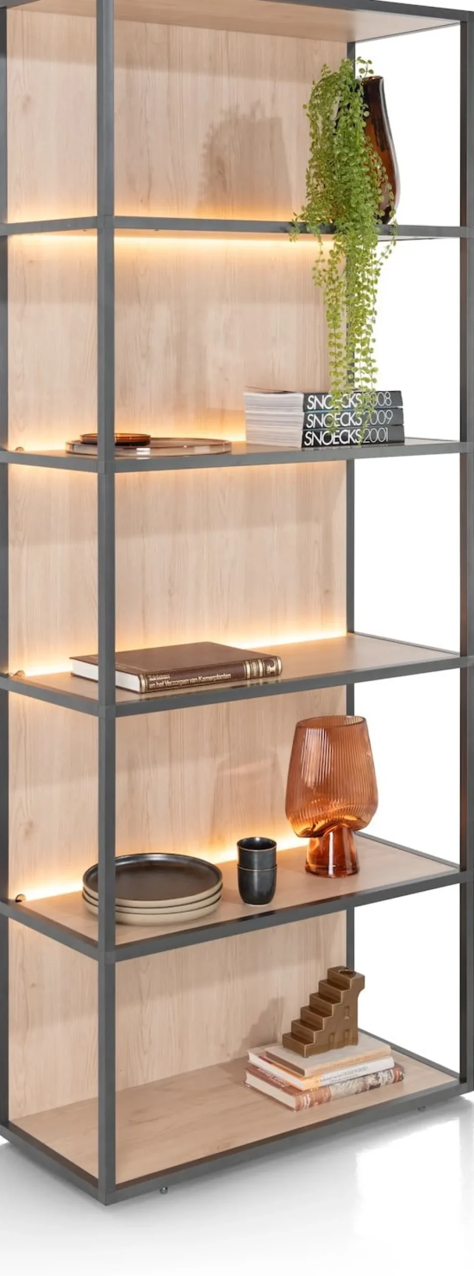 LINDFIELD boekenkast 80 cm - 5-niches (+ LED) - eiken look