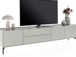 Noon, lowboard 240 cm - 3-deuren + 2-laden - bovenblad in HPL light grey