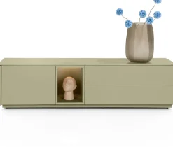 Trentino, Lowboard 180 cm. - 1-deur + 2-laden + 1-niche - mdf gelakt - Olijf